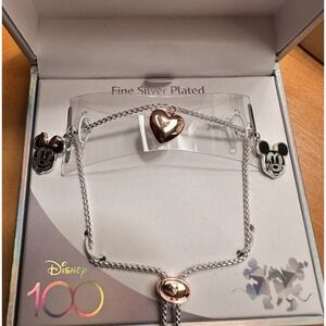 Disney Minnie Mickey Mouse 100th Anniversary Heart Charm Pendant Silver Bracelet